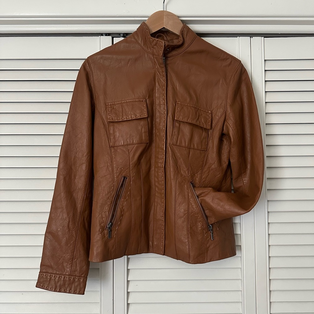 Chico's Tan Camel Leather Satin-Lined Jacket EUC